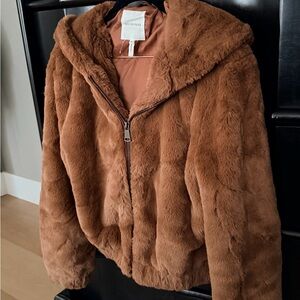 Avec Les Filles Faux Fur Zip hooded Jacket-Size Brown Faux Fur Jacket xsmall